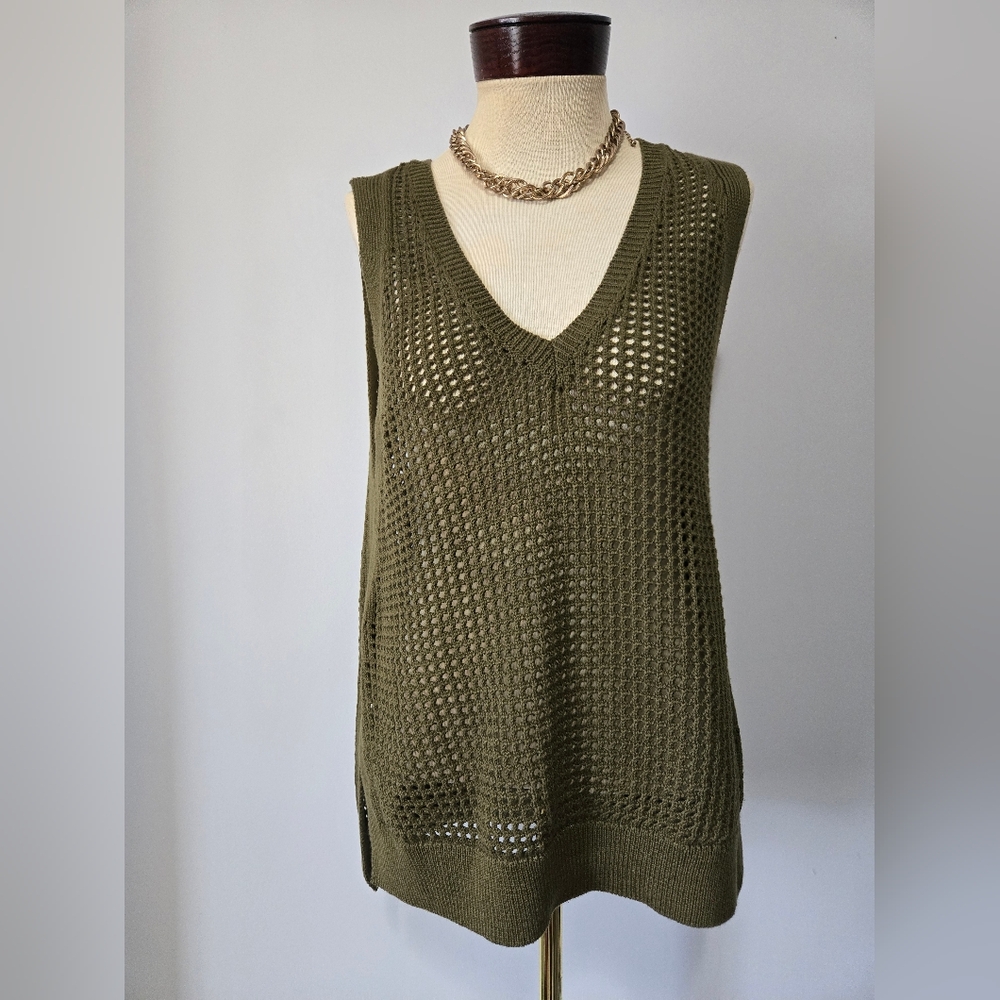 Maeve Olive Green Open Knit V-Neck Tank Sweater